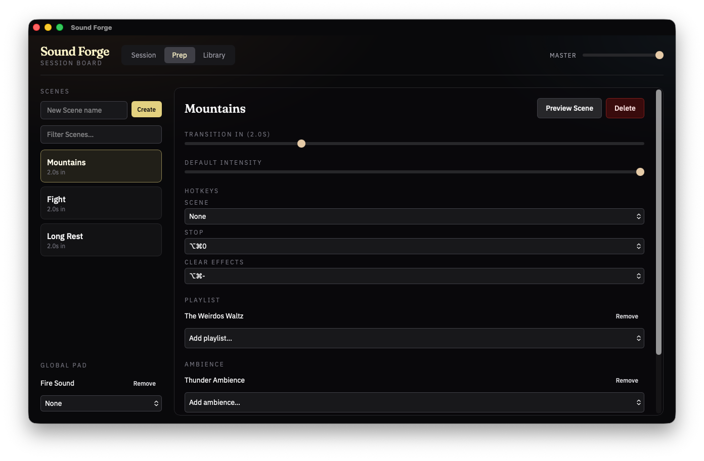 Sound Forge Prep: the Mountains Scene with Playlist, Ambience, Hotkeys, and the Global Pad.